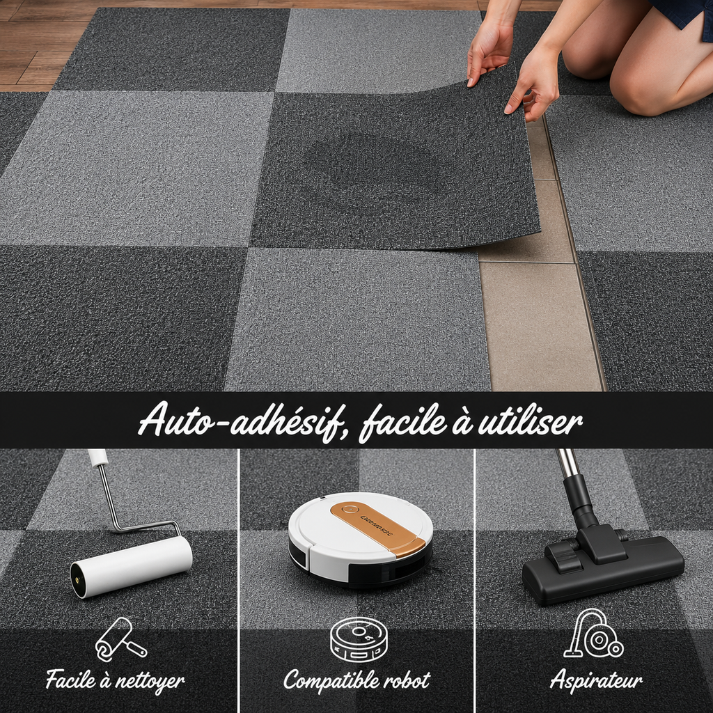 Self-adhesive carpet tiles in grey and dark grey, easy to install and clean.