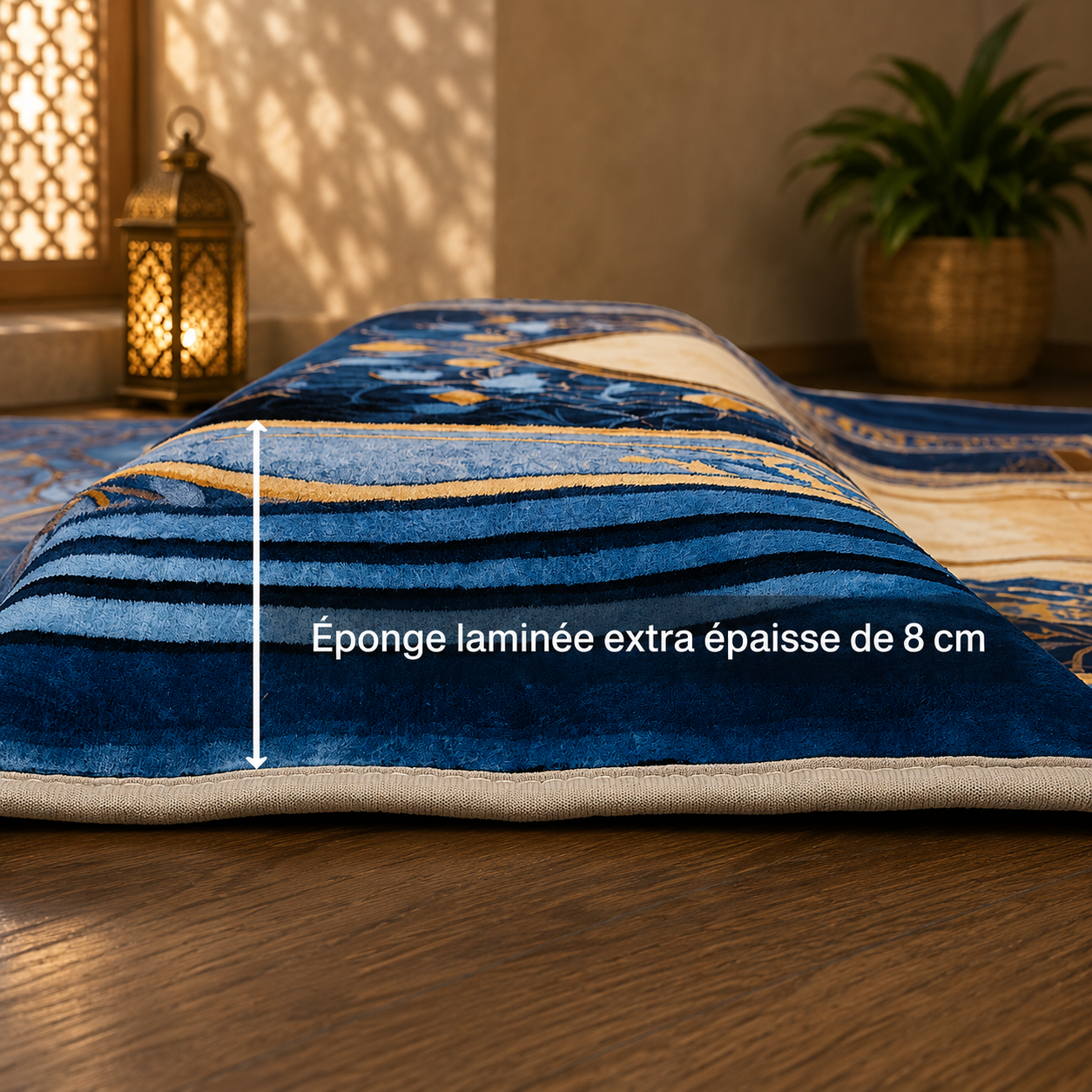 Close-up of a thick, blue prayer mat showing its 8 cm laminated sponge layer for comfort.