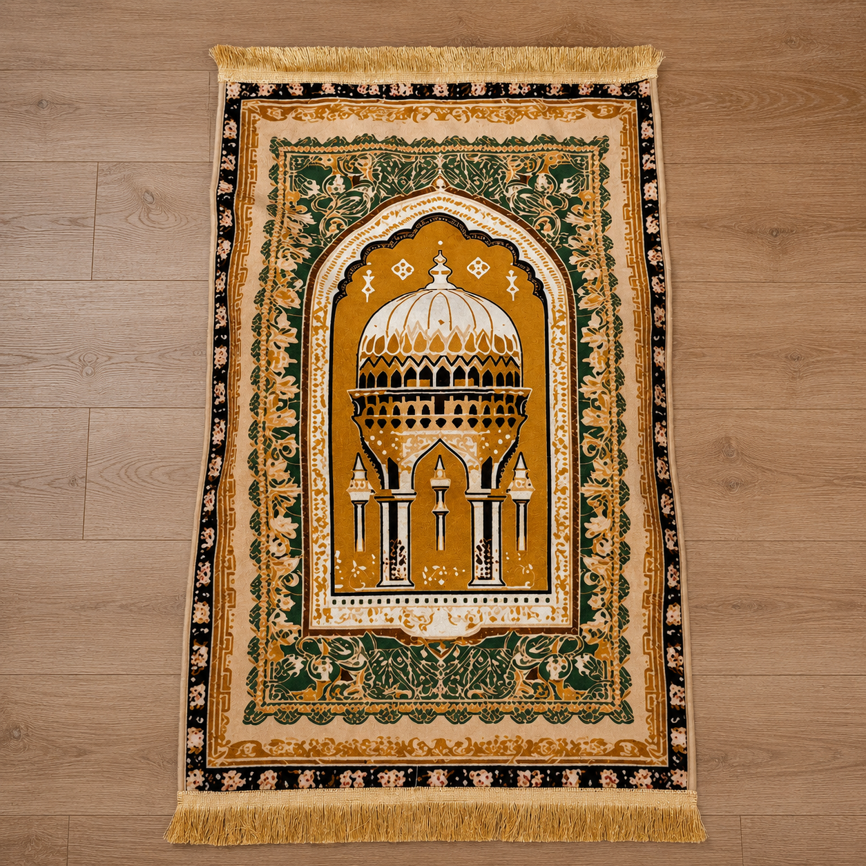 Islamic prayer mat with a mosque design and gold, green, and white patterns.