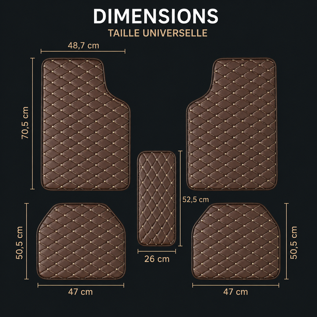 Brown diamond-stitched car floor mats with dimension labels in cm.