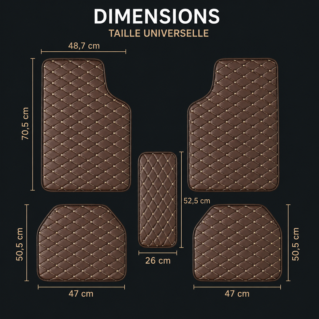 Brown diamond-stitched car floor mats with dimension labels in cm.