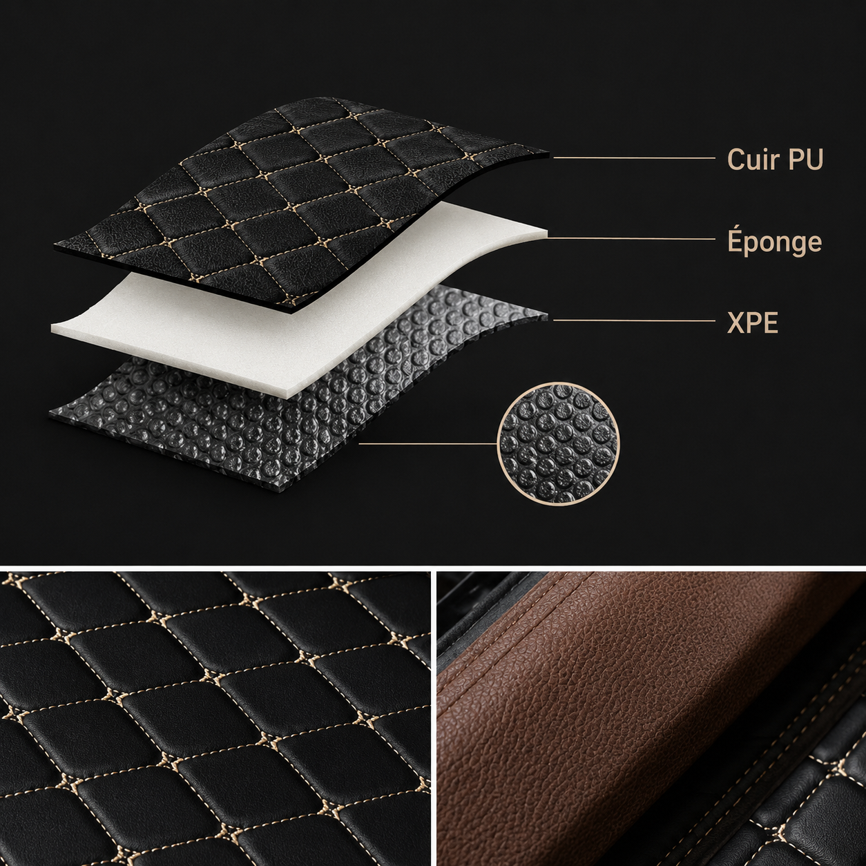 Layered car floor mat construction: PU leather, sponge, and XPE foam with diamond stitching.