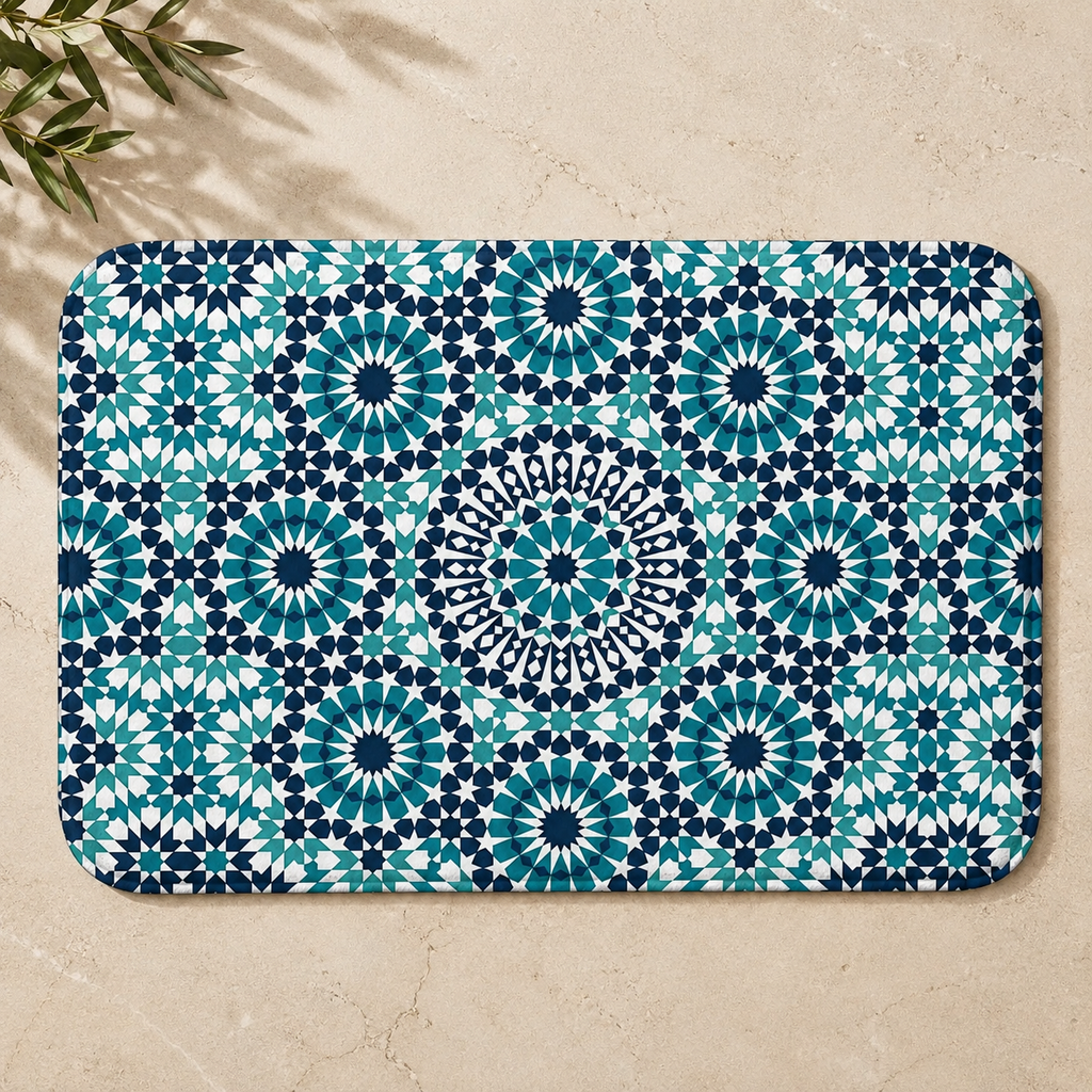 Colorful Berber rug with intricate geometric patterns in blue and teal.