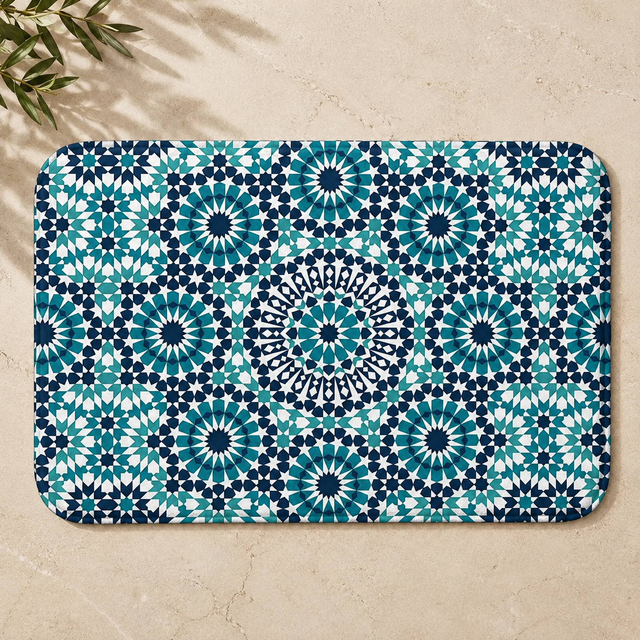 Colorful Berber rug with intricate geometric patterns in blue and teal.