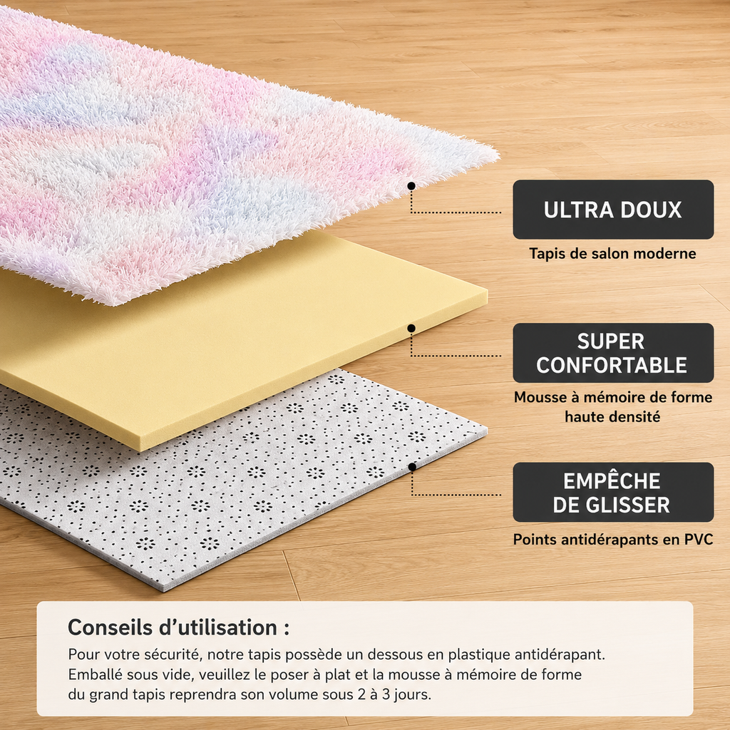 Tapis blanc chambre with ultra-soft, memory foam, and non-slip PVC backing.