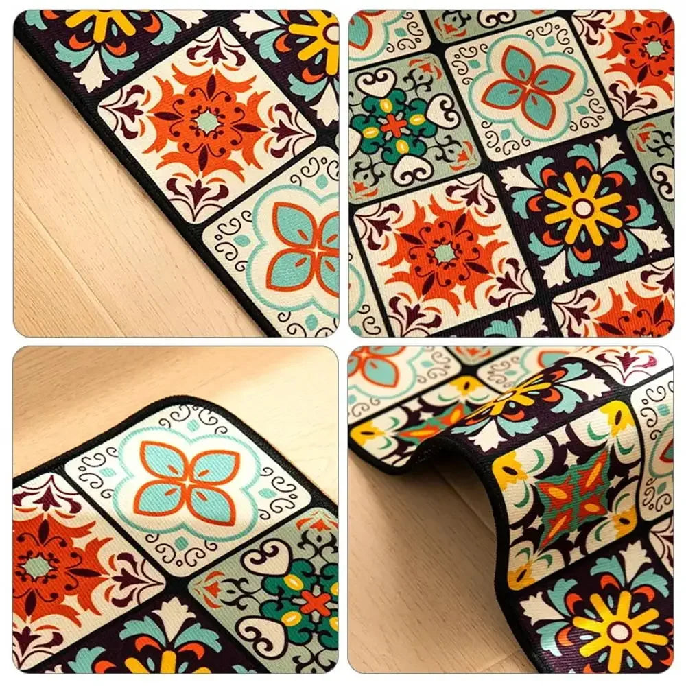 Tapis de cuisine aux motifs carrelage colorés, vue rapprochée de la texture et des détails.