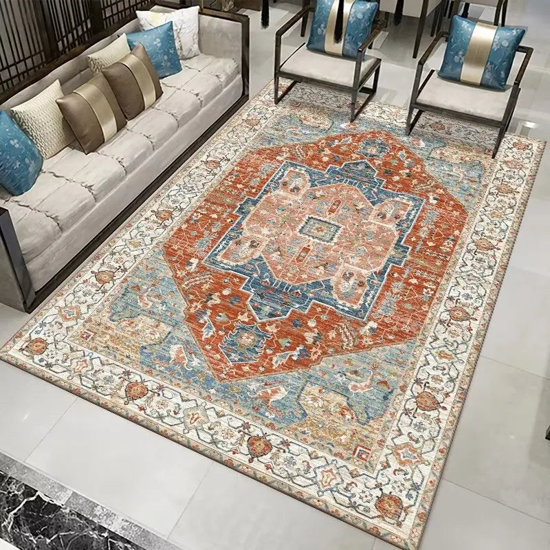 Tapis style persan with intricate geometric and floral patterns in rust, blue, and cream.