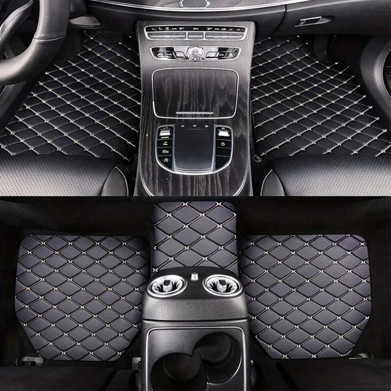 Black diamond stitch car floor mats with white stitching, custom fit for luxury vehicle interior.