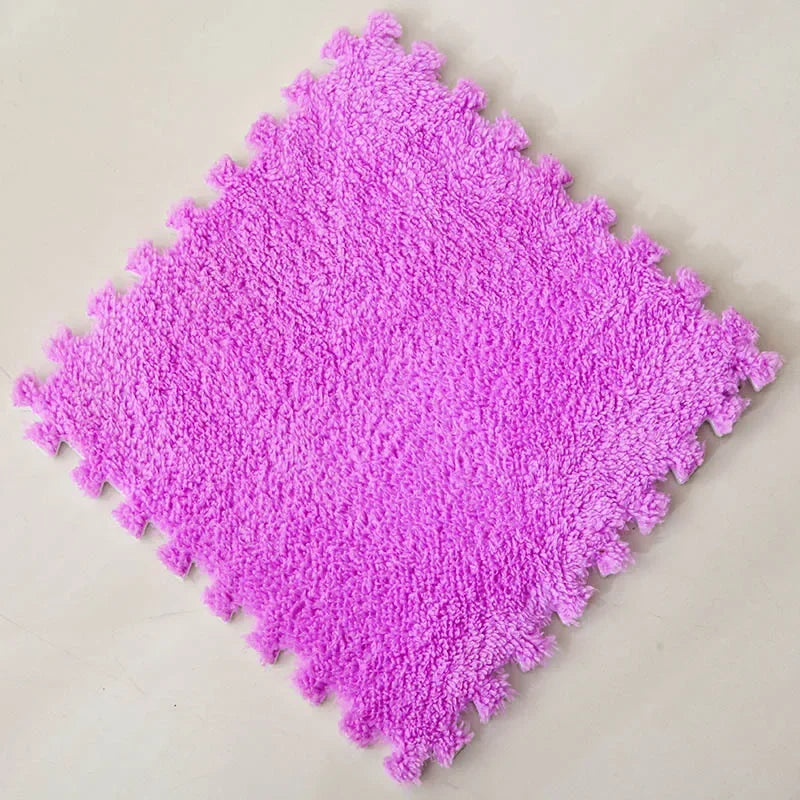 Fluffy purple interlocking puzzle mat, soft and cozy for play areas.