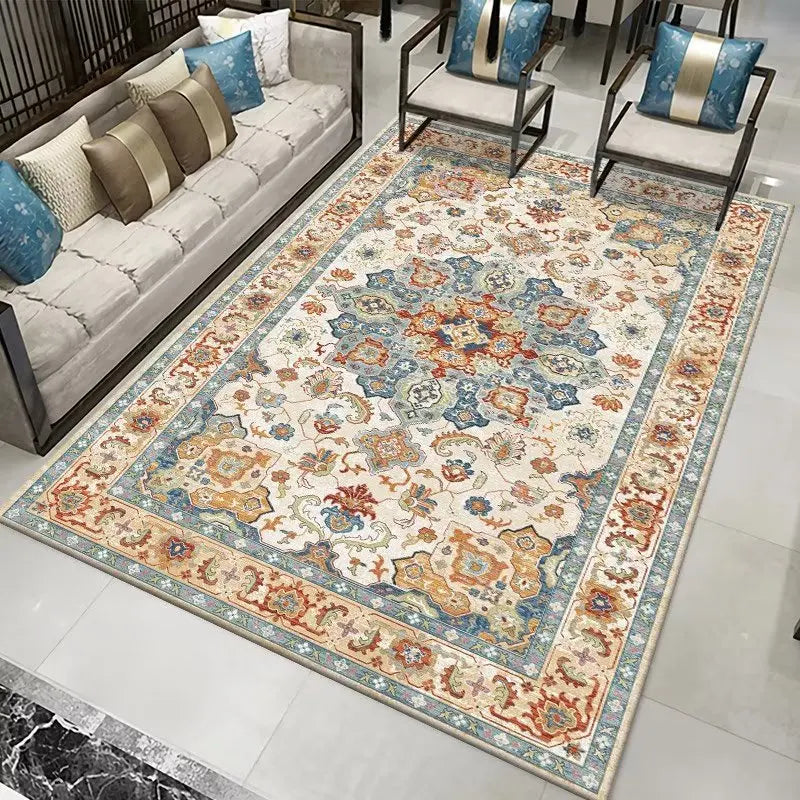 Persian style area rug with intricate floral and geometric patterns in cream, blue, and orange.