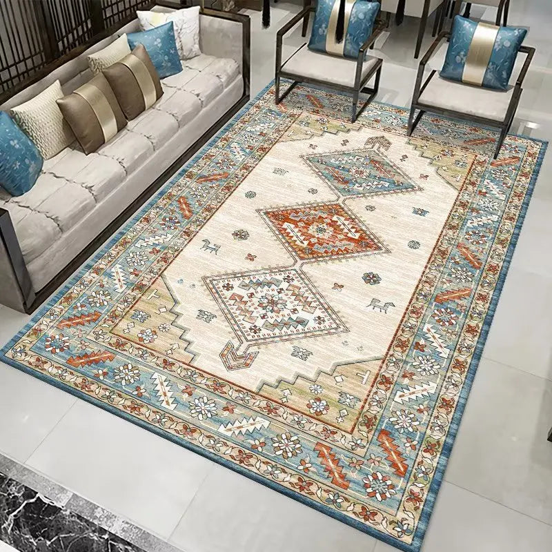 Tapis style persan cream with blue and orange geometric patterns, displayed in a living room.