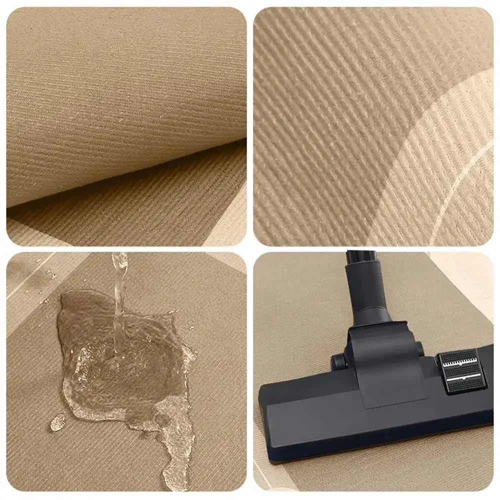 Close-up of beige kitchen rug texture, showing water resistance and vacuum cleaning.