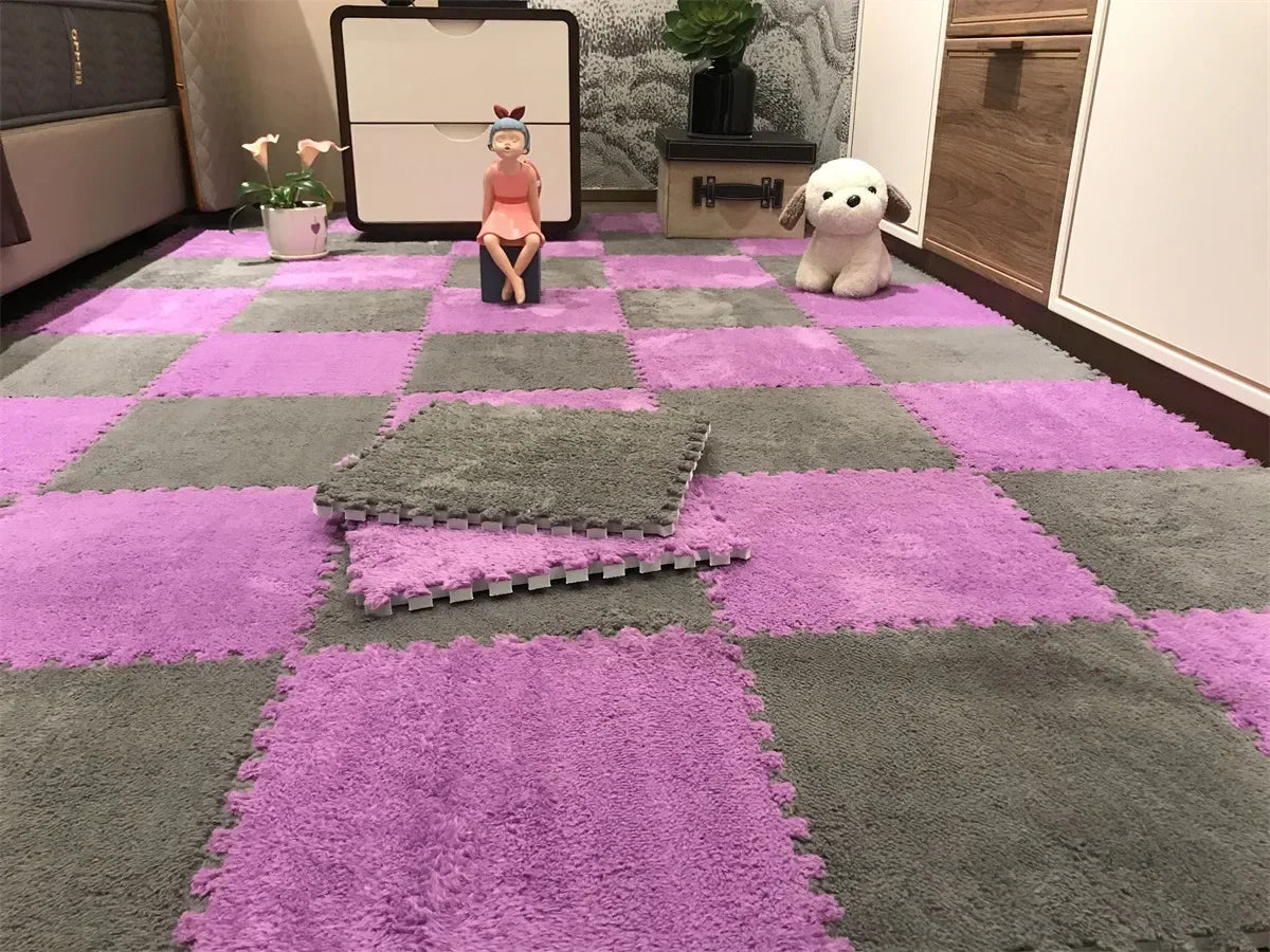 Plush interlocking floor tiles in purple and gray, creating a soft, padded play area.