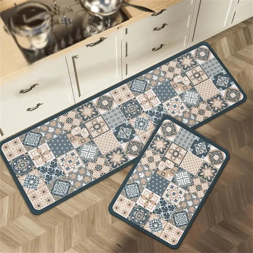 Tapis de cuisine patchwork bleu et beige, 2 pièces, pour cuisine.