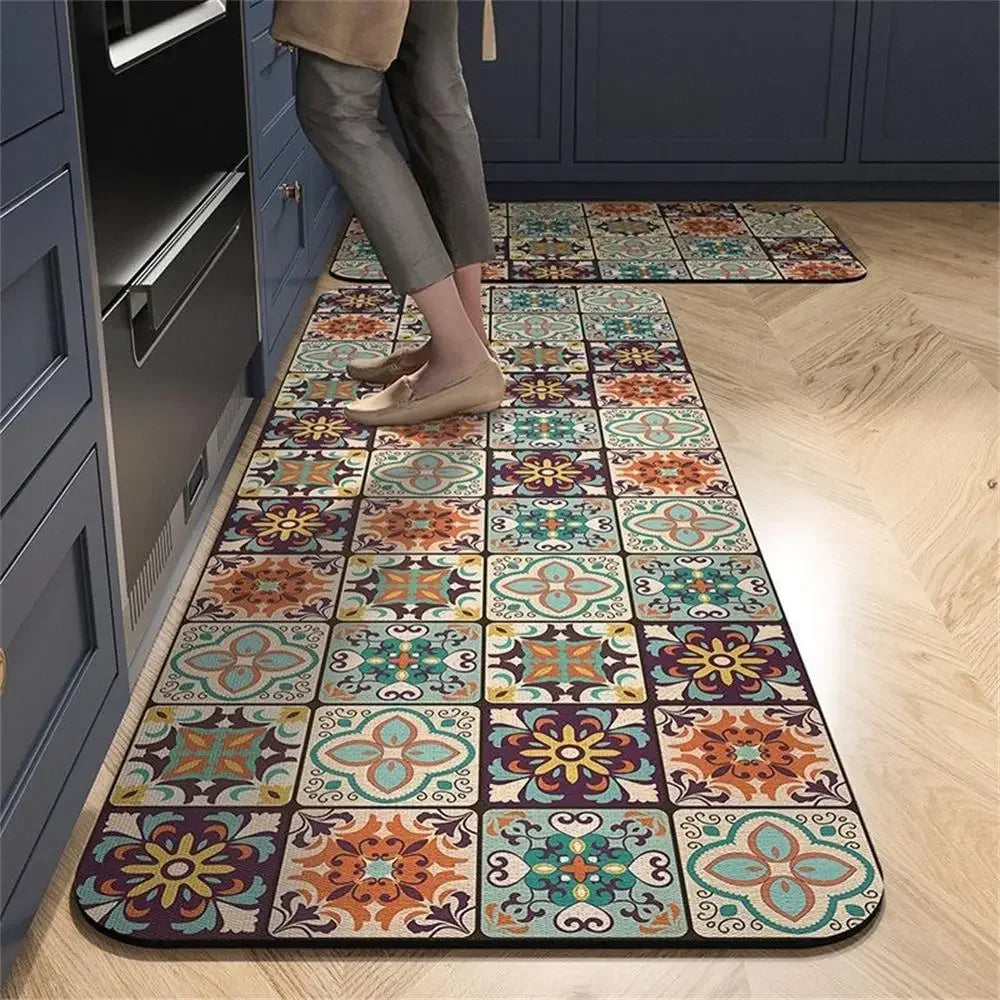 Colorful patterned kitchen mat with floral designs, perfect for adding style and comfort to your cooking space.