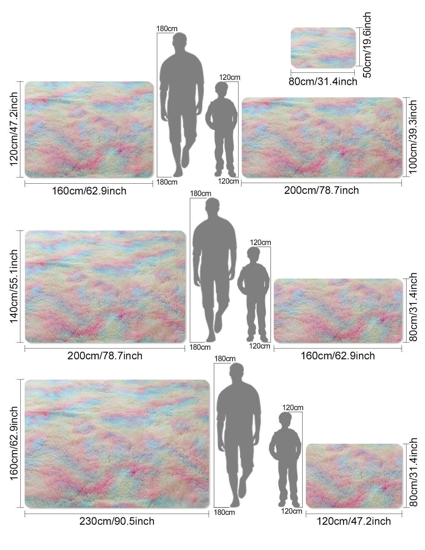 Tapis shaggy arc-en-ciel pour chambre d'enfant, disponible en plusieurs tailles.