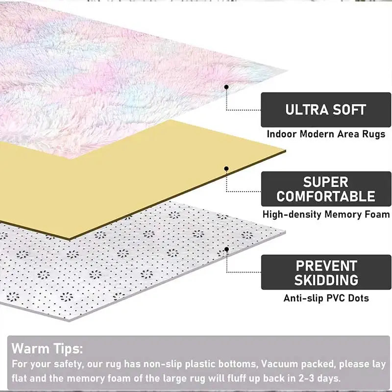 Layered construction of a plush, soft, comfortable, and non-slip children's room rug.