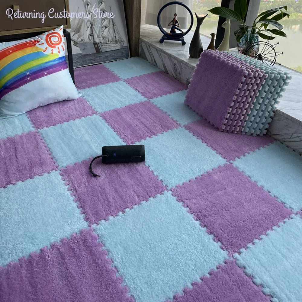 Plush interlocking floor tiles in purple and light blue, forming a checkerboard pattern.