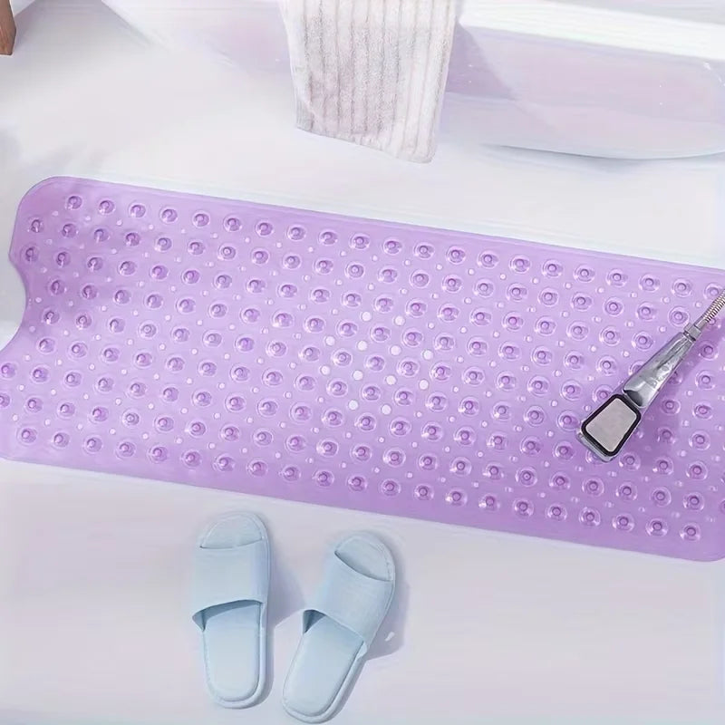 Purple non-slip bathtub mat with suction cups and a textured surface.