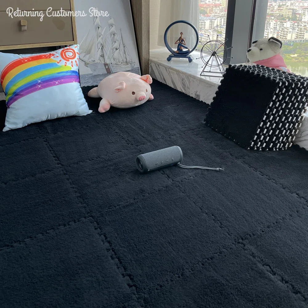 Soft black interlocking puzzle mats for flooring, featuring a plush texture and a playful pig toy.