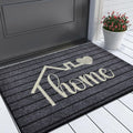 Dark grey striped welcome doormat with "Home" text and heart design.