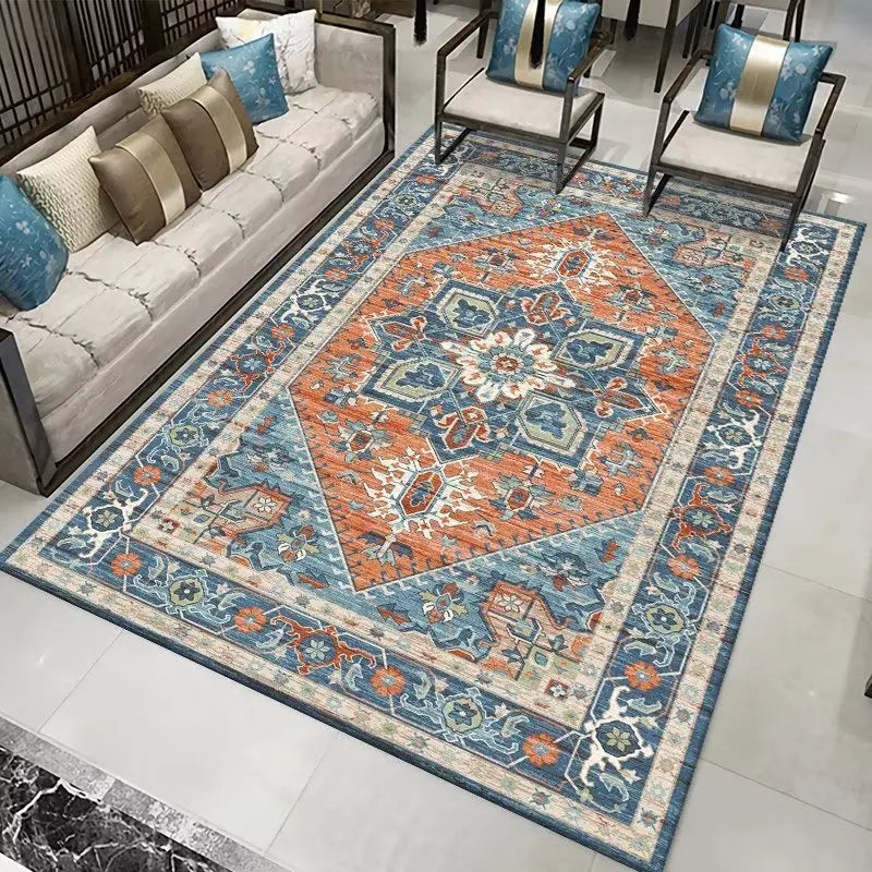Persian-style rug with intricate geometric and floral patterns in orange, blue, and cream.